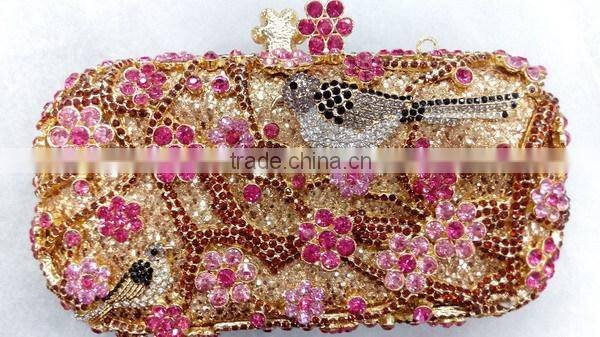 luxury flowers and bird pattern box clutch crystal stone evening bag