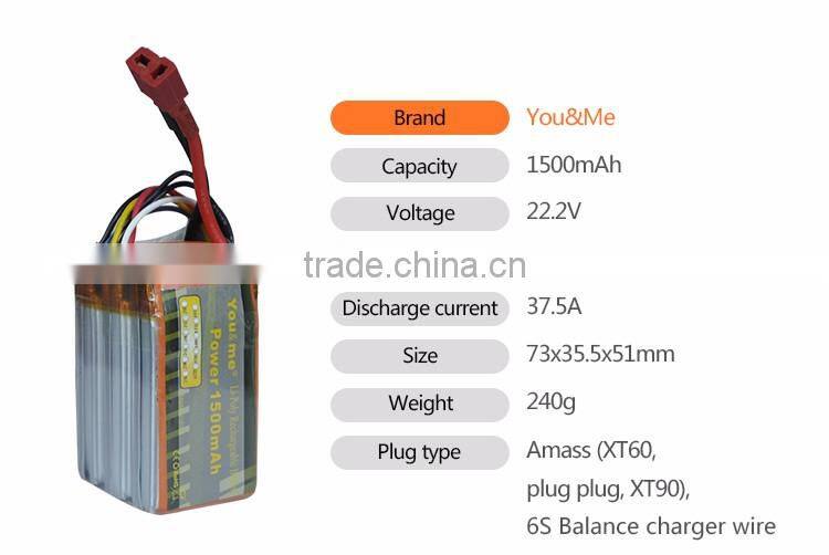 You&me 6S 22.2V 1500mAh 25C Rechargeable Lithium Polymer Battery for RC Helicopter