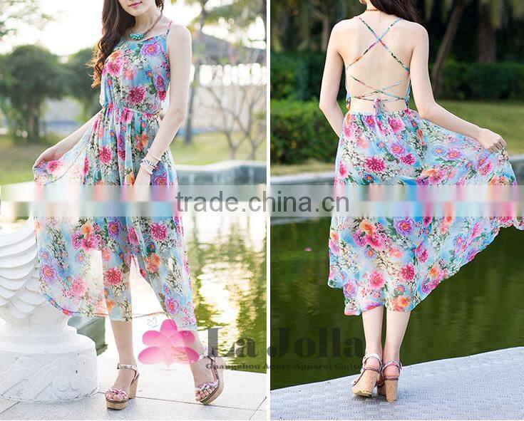 2016 sexy free prom Beach dress summer long female condole belt show thin printed chiffon dresses