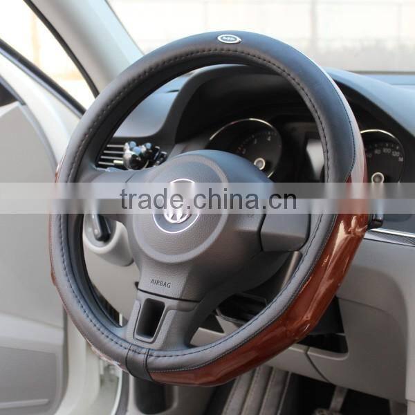 leather and wood car steering wheel cover