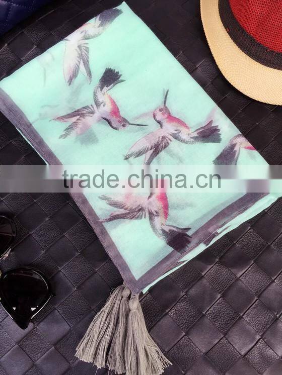 Fashion Beautiful Bird Print Large Thin Plain Cotton Square Scarf with Tassels