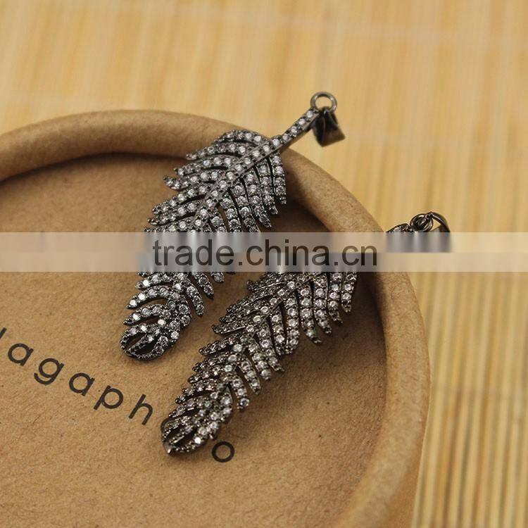 PC1603 Carved Ox Bone Leaf Feather Pendant with Crystal Zircon Pave, Long Textured Feather Necklace Pendant