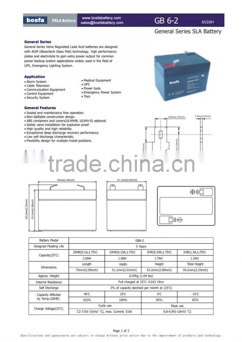 sealed lead acid battery 6v 2ah for fan with 6v2ah battery