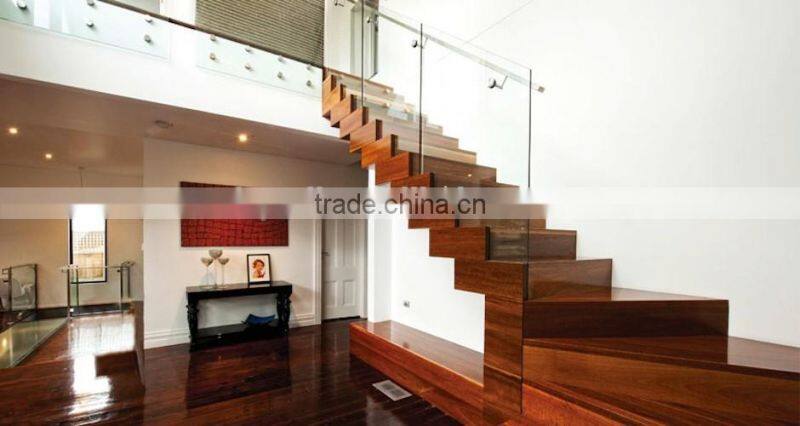 stainless steel wood tread straight stairs with glass handrail China supplier