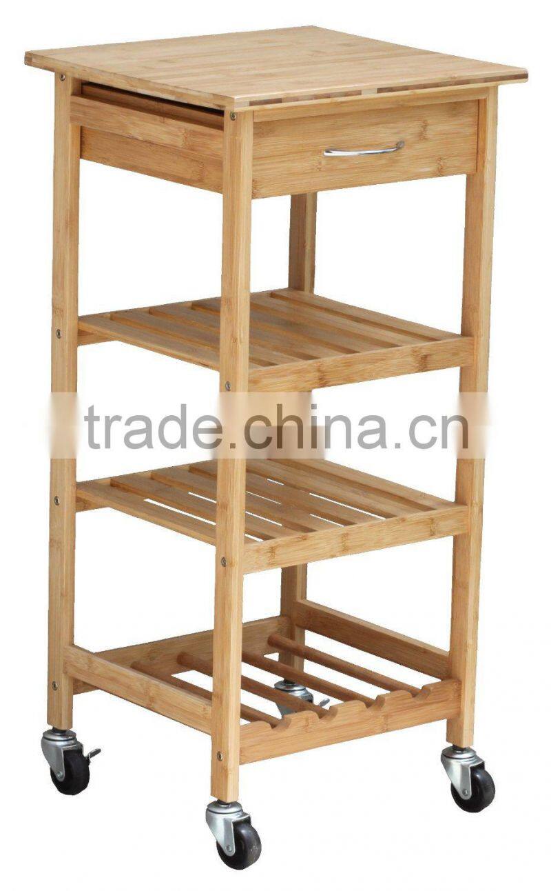 100% eco-friendly Bamboo Utility food Cart Foldable Kitchen Cart with Knife Block Kitchen Trolley