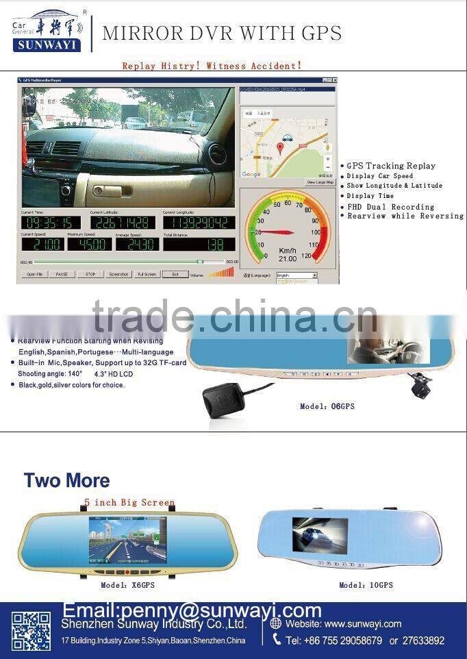 Show Longitude and latitude,dual camera mirror dvr with GPS Tracking Replay