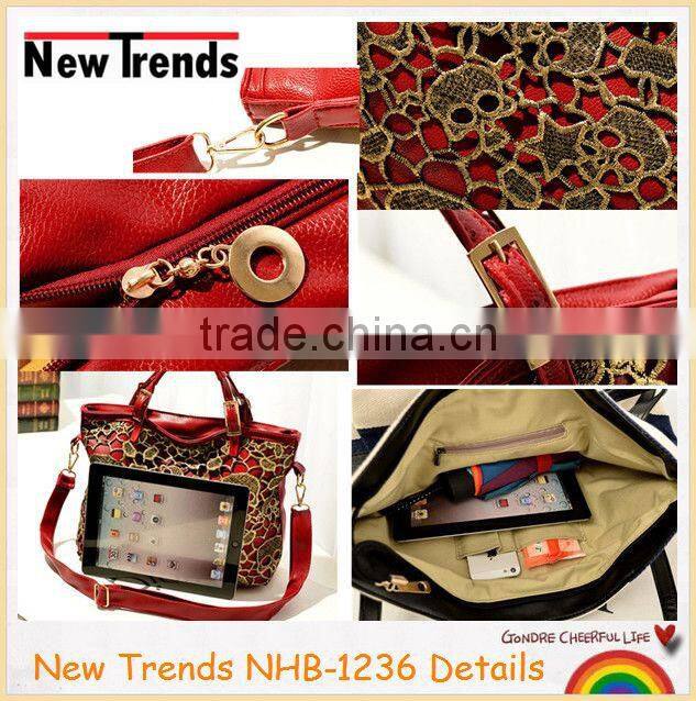 Fashion blue PU and gold skull embroidery handbag