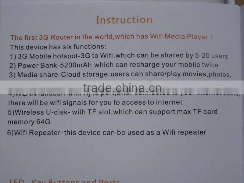 3G router with wifi media player and power bank 5200mA