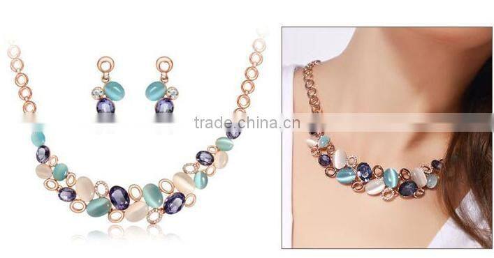 High Quality Crystal Jewelry Sets Opal Colorful Stone Hollow Circle Gold Plated Statement Chain Necklaces And Earring Sets