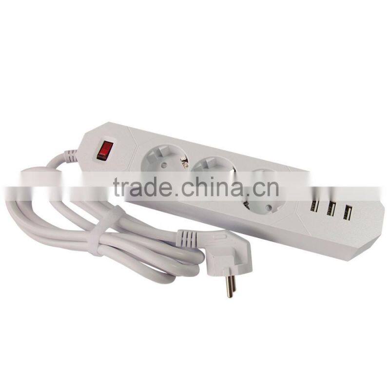 OEM/ODM EU Plug White Extension Power Strip USB Switch Socket with 3 USB Charger