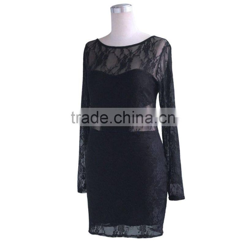 sexu back open evening dress lace bodycon dress long sleeve black color Factory supply