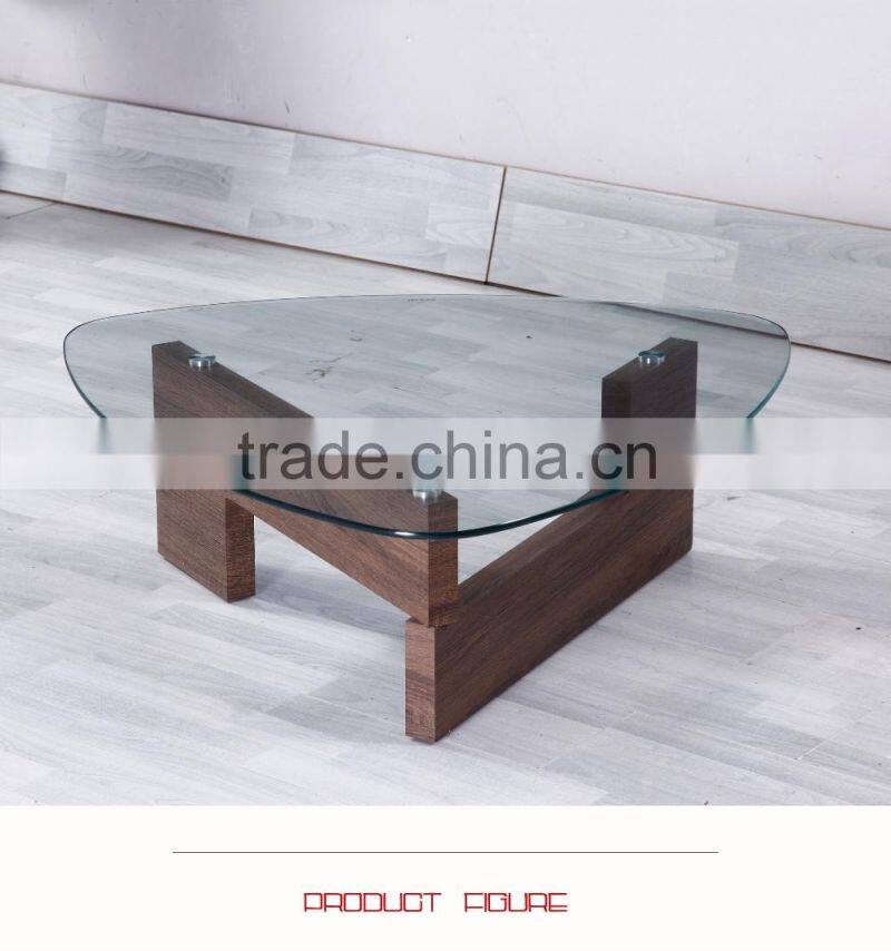 Oval glass top wooden leg coffee table made in China