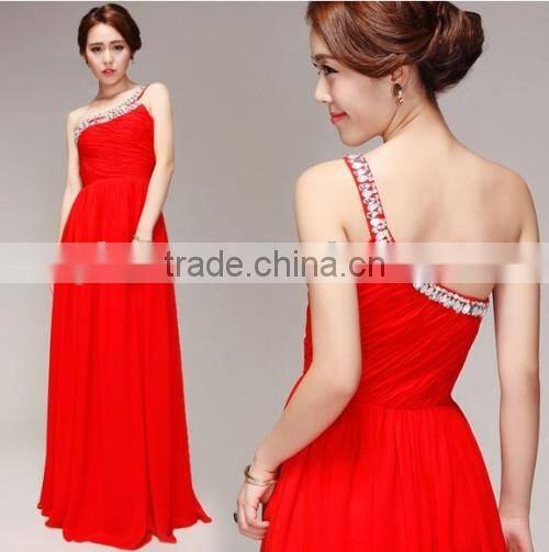 New Arrivals Elegant Red One Shoulder Bead Design Evening Dress Woman's Latest Sleeveless Bead Design Evening Dress