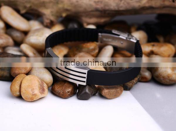 Men's Stainless Steel Rubber Bracelet Wrist Rectangular Polished Fashion Punk Rock Silver Black