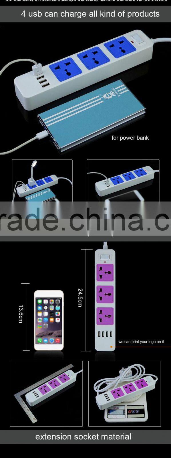 4 usb 3-pin plug retractable extension pvc multiple power socket with switch