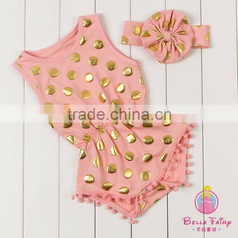 Wholesale baby romper with pom pom trim, girls boutique clothing,girls clothing