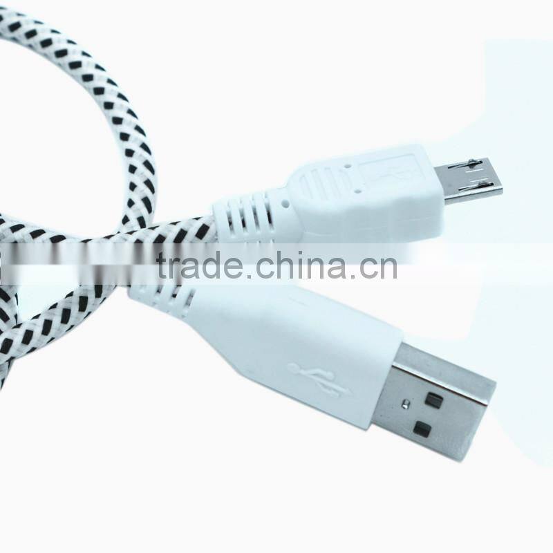 2015 wholesale colorful micro usb cable for Blackberry/HTC/Samsung,2M 6FT fabric nylon braided micro usb cable(white)