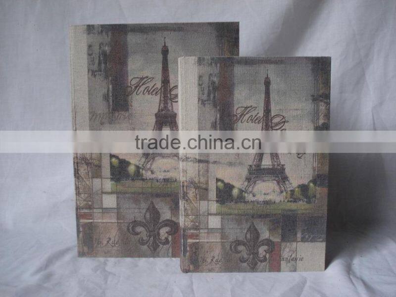 Antique wooden book box with linen printing covered