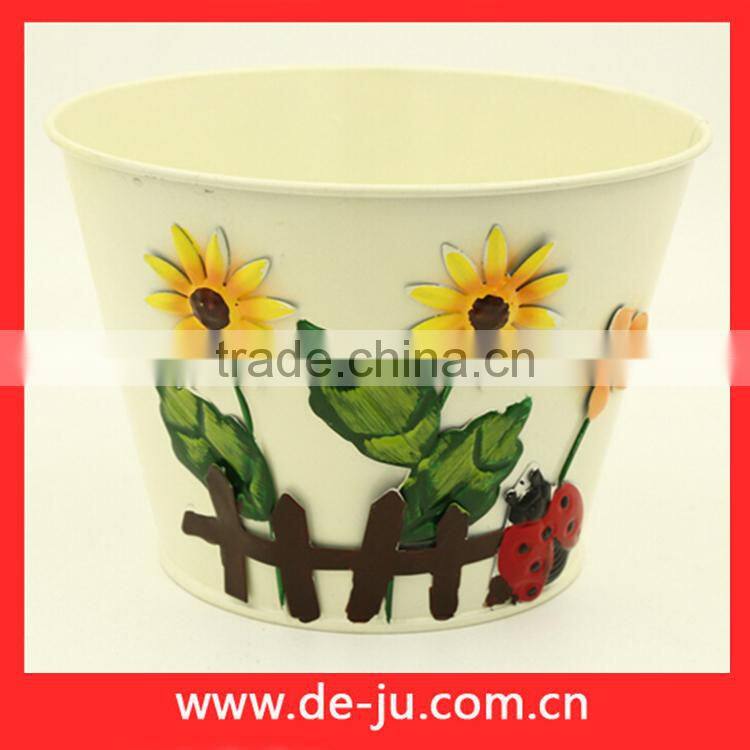 Green Printing With Flowers Round Small Metal Planter