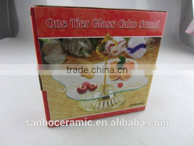 Wholesale glass cake stand, two tier golden glass cake stand with flower decoration