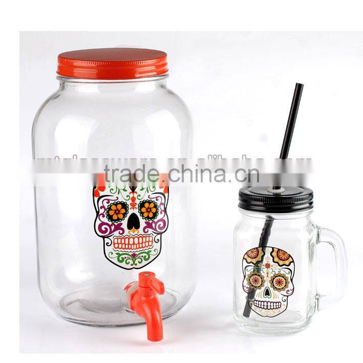 3L Happy Halloween Skull Glass beverage dispenser and mason jar