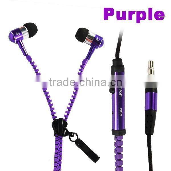 High Quality Metal Zipper Earphone With Mic