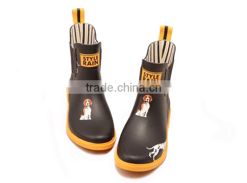 black upper yellow rubber outsole lovely dog printed chelsea style elastic gore new style girls rain boot shoes wellies