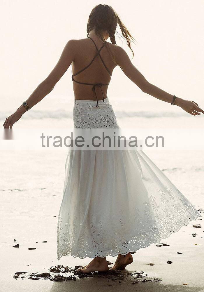 Ladies crop top and long skirt Sexy hollow out off shoulder short sleeve white beach dress