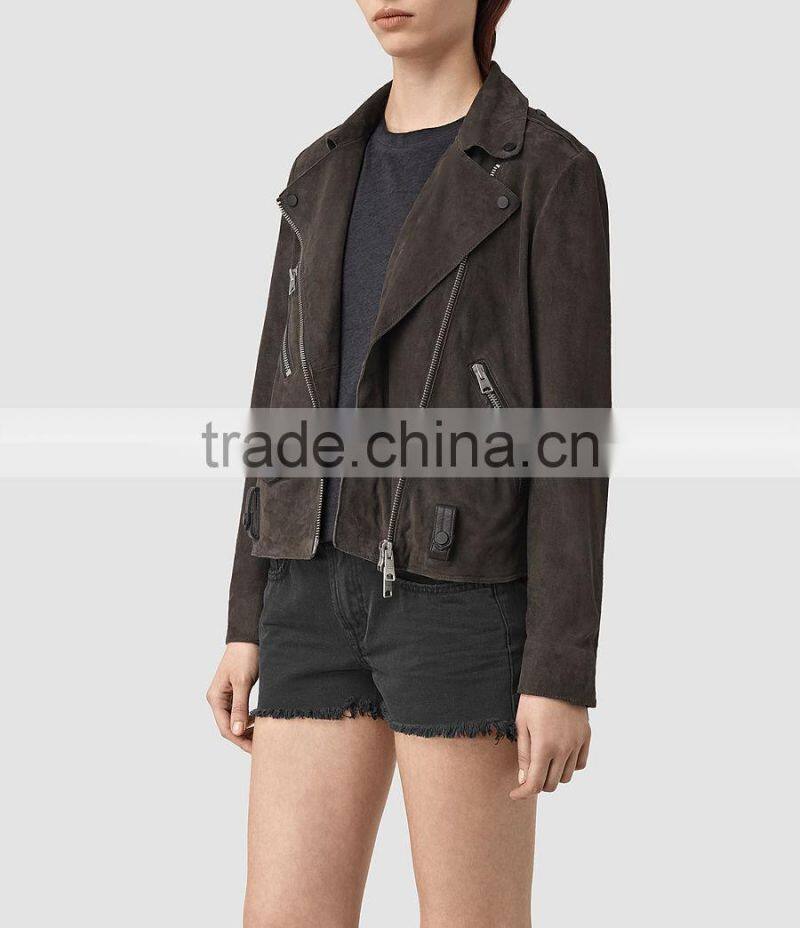 Cool newest slim fitting zip pockets classic city style blank suede biker jacket for women
