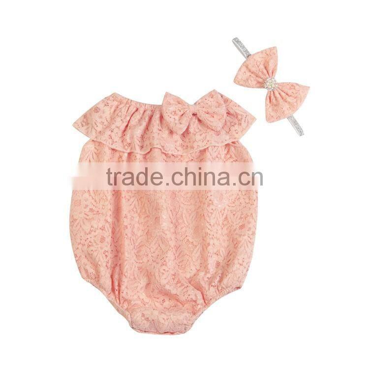 Hot sale summer bouqitue baby clothing rompers plain color baby girl lace rompers with headband