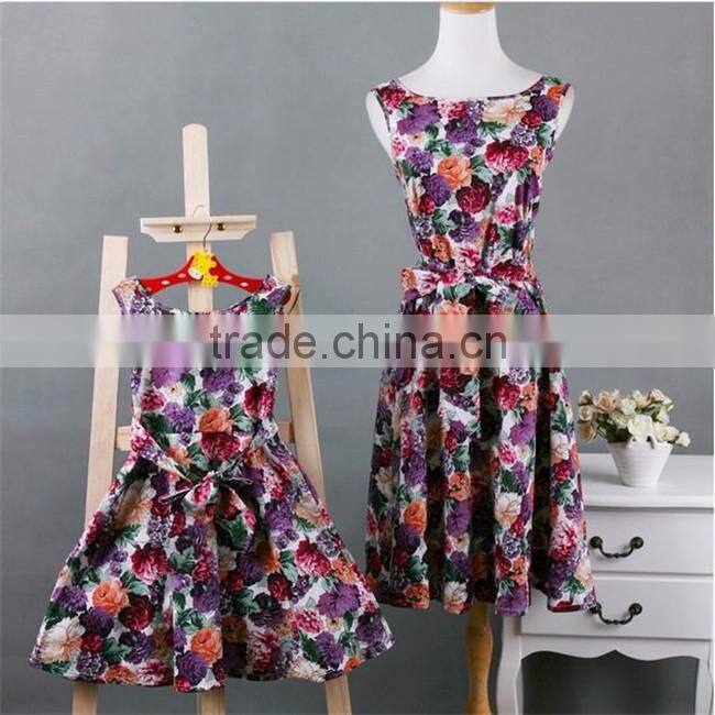 2017 fall boutique mommy and me clothing sleeveless floral printing mother daughter matching dress