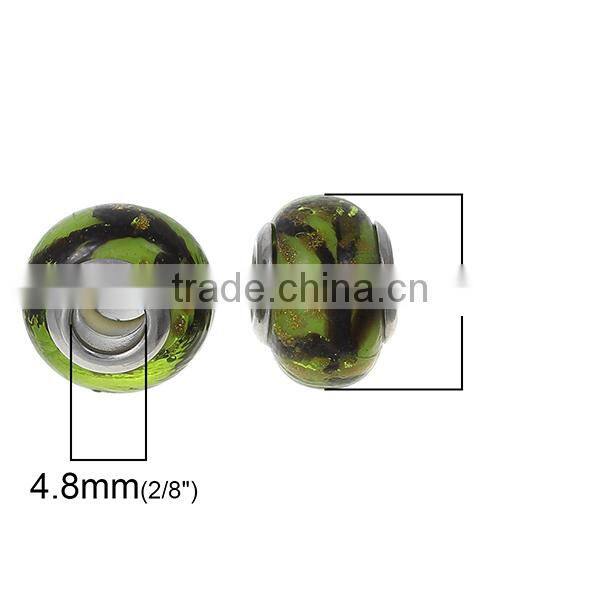 Lampwork Glass European Style Large Hole Beads Round Grass Green & Black Pattern With 304 Stainless Steel Silver Tone Core