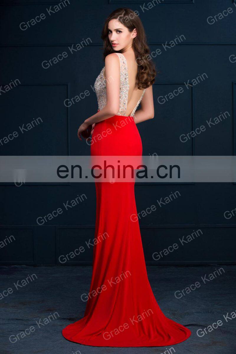 Grace Karin Women Sexy Backless V-Neck High-Split Shining Rhinestone Sequins Red Long Prom Dresses CL008914-1
