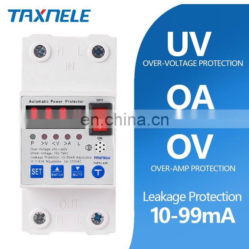 adjustable over voltage under voltage protector automatic 63A 40A RCBO Lightning Surge Power Leakage protector