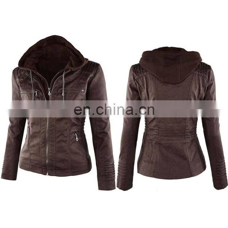 Customized wholesale Plus size women's detachable hooded leather jacket coat top motorcycle jacket PU pilot motorcycle suit