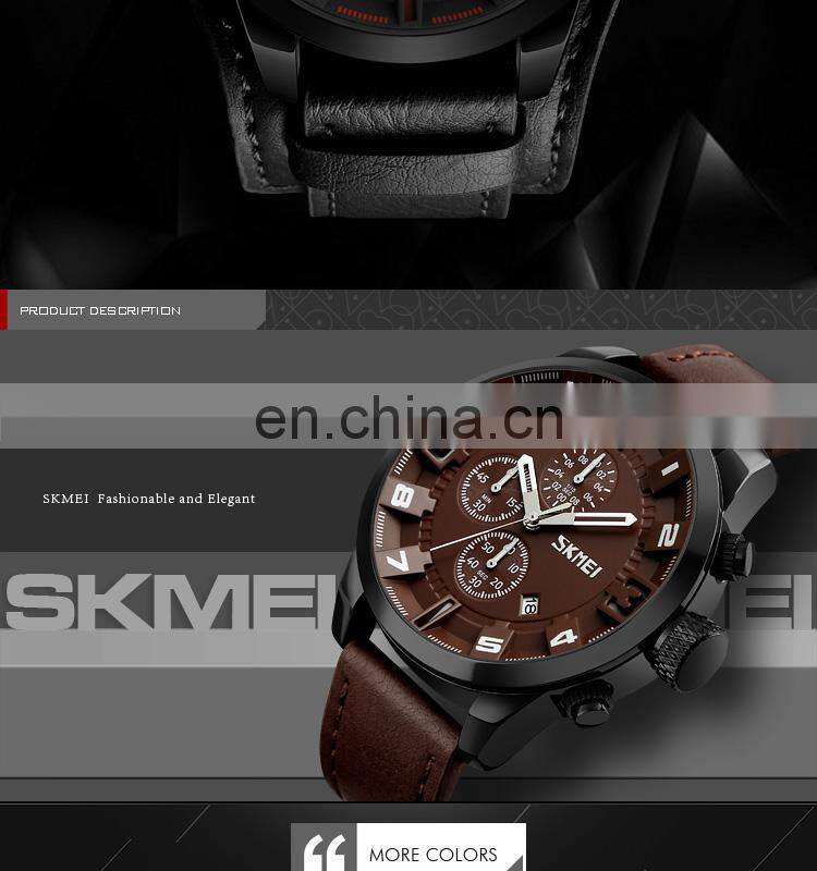 Custom SKMEI 9165 Water Resistant Leather Band Quartz Watches Men Wrist