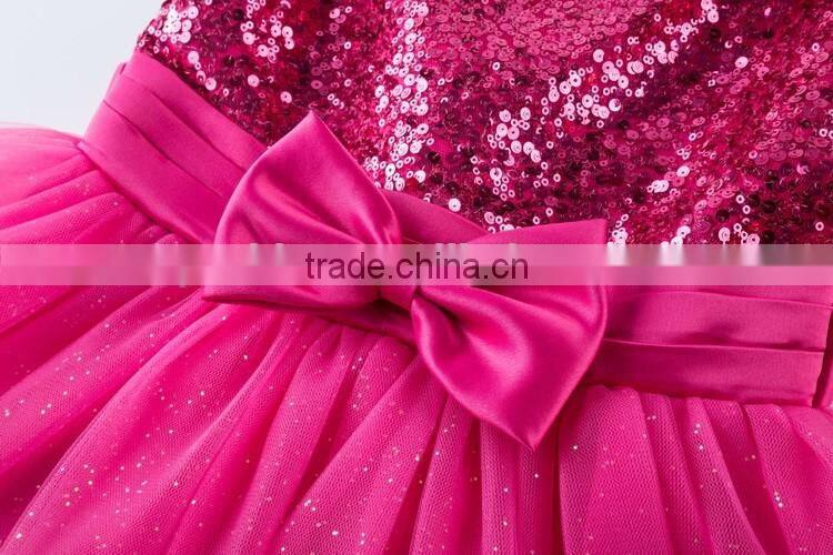 Fashion Rose Red Sequin Organza Fabric Baby Girl Party Dress for Children
