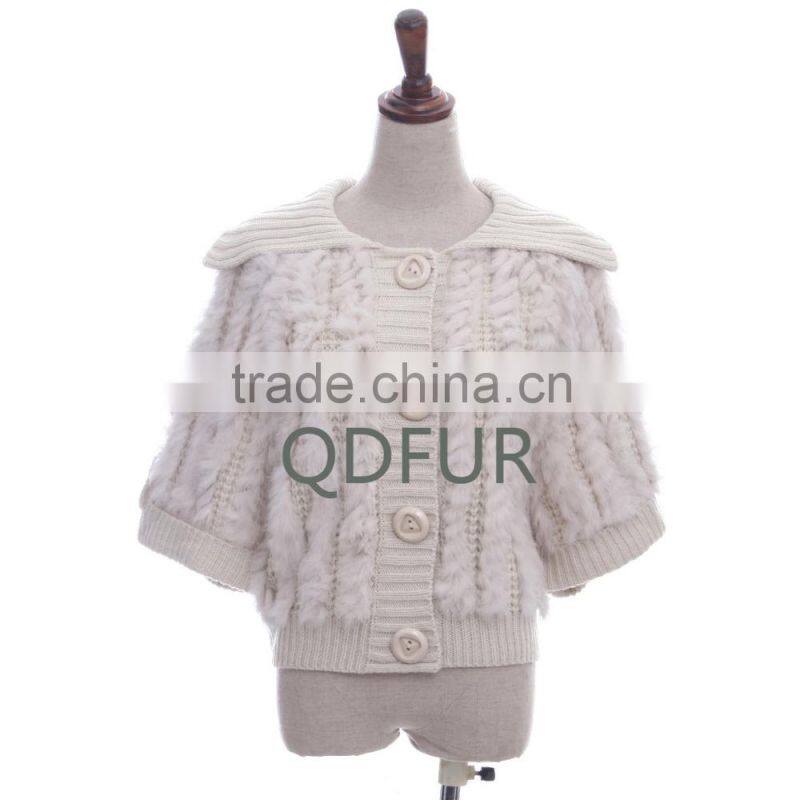 QD81004 2016 New Design Women Knitted Rabbit Fur Batwing Sleeves Vest with 4 Bottons Front Fly