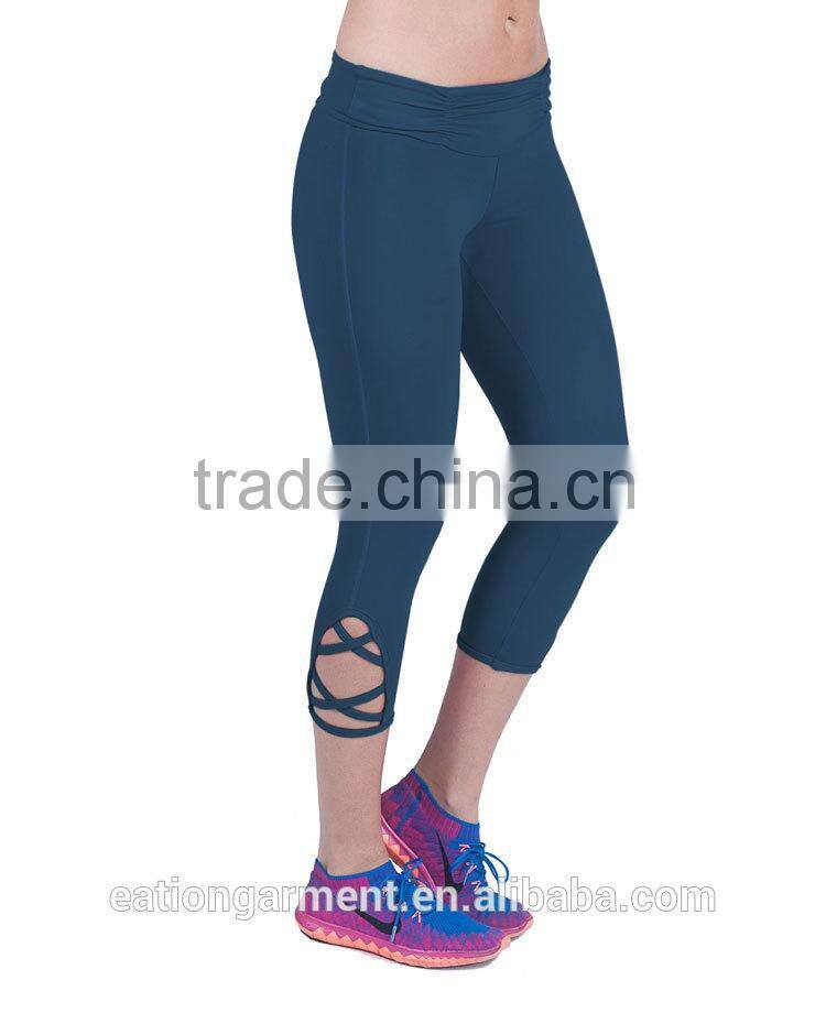 Slimming style scrunchy waist crossing straps on the bottom of each leg 4 way stretching bodybuilding fitness yogo leggings