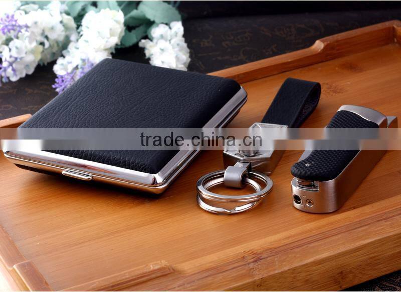 Mirror with leather cover box with multiple knife and keychain with chrome plated gift set