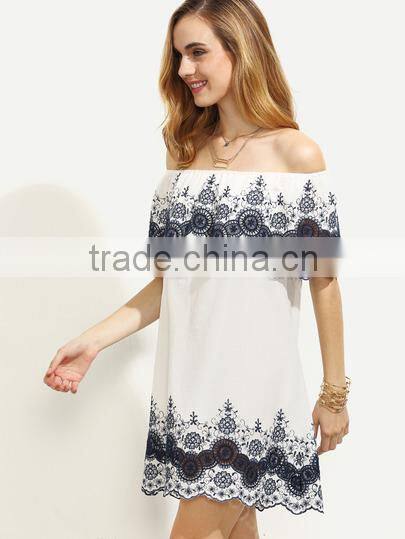 Dresses latest women girl design fashion photos White Embroidered Ruffle Off The Shoulder Dress