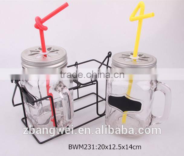 2pcs glass mason jar in a metal rack