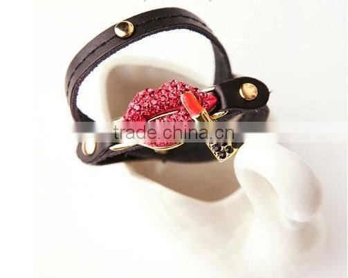 Double leather lips lipstick gem diamond bracelet