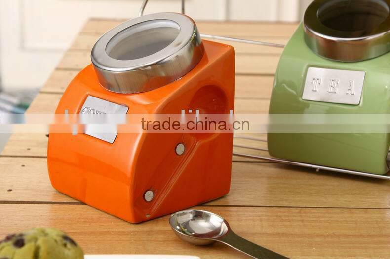 durable ceramic canister set with metal stand & spoon