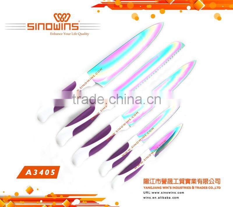 A3405-2 New Design 5pcs Colorful Titanium Blade Stainless Steel Kitchen Knife Set