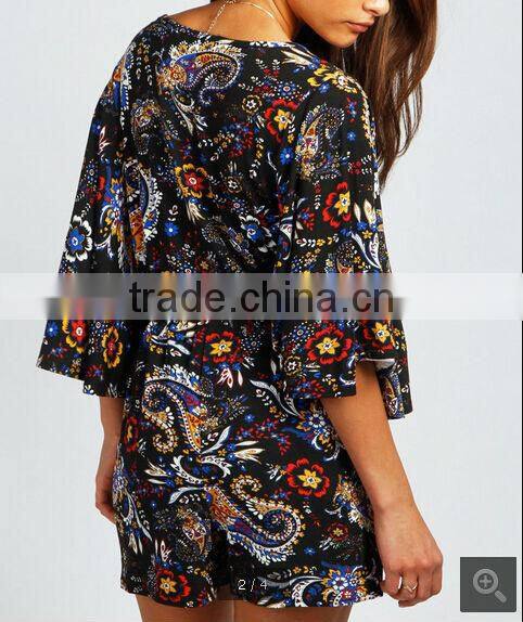 2015 sexy womens deep V neck plus size open front African Print Kimono Sleeve loose Playsuit
