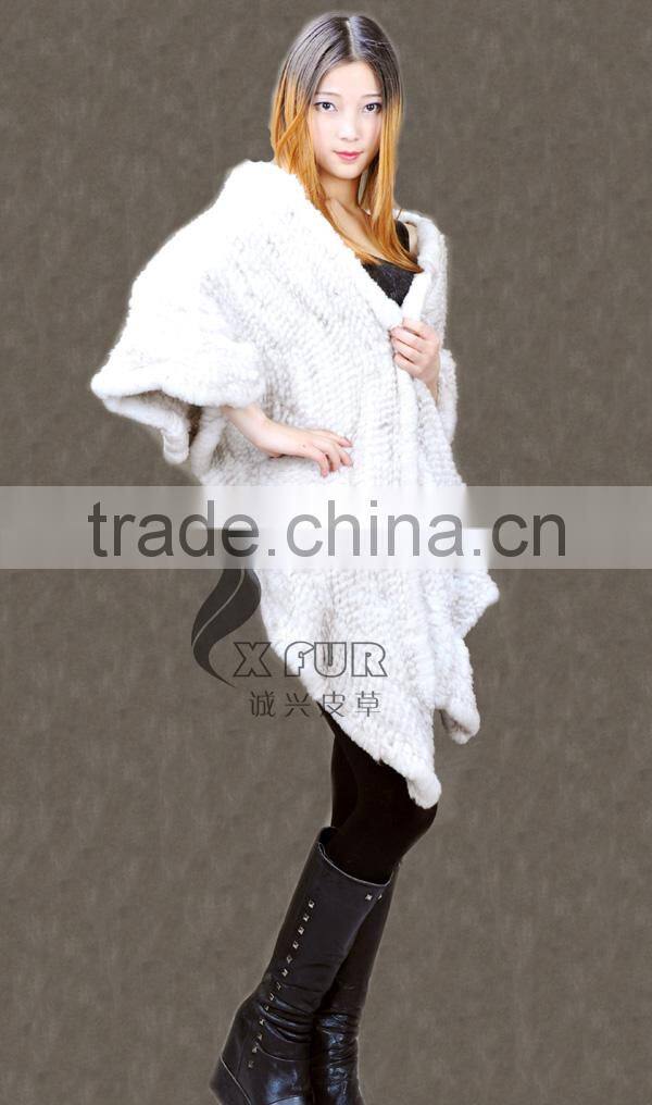 CX-B-28A 2016 Women Elegant White Cape Knitted Fashion Rabbit Fur Shawl