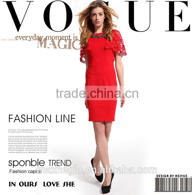 Knee-Length backless embroidery lace sleeve evening dress red short patterns