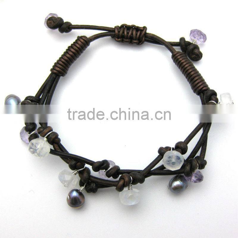 leather knotted bracelet with pearl and birthstone, friendship bracelet, wrap bracelet, bead charm leather bracelet