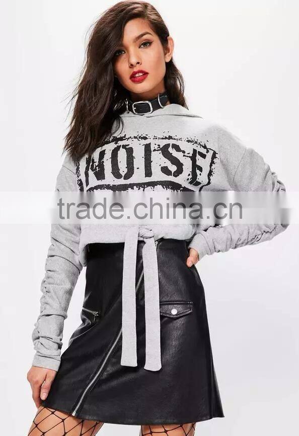 Grey Tie Hem Drawstring Cropped Hoodies Logo Print New Design Fashion Ruched Sleeve Hoodie For Women